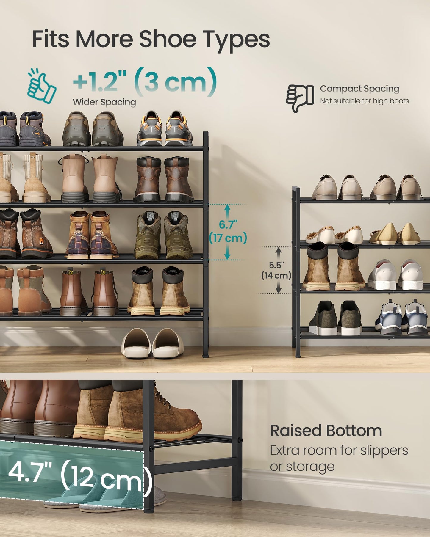 SONGMICS Metal Shoe Rack, Free Standing Shoe Organizer for Entryway Closet Garage Small Spaces