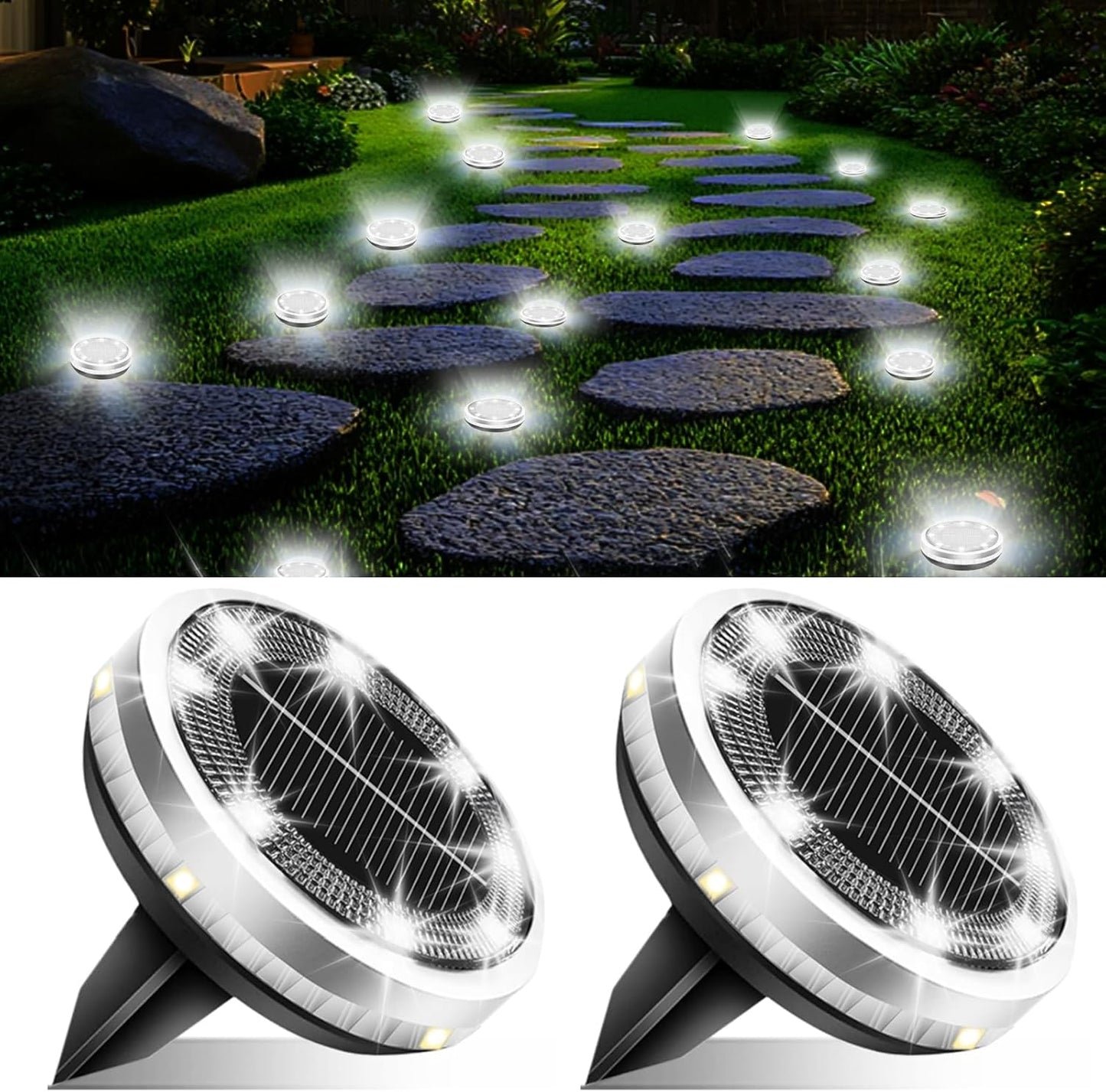 Solar Ground Lights Outdoor 2 Pack Waterproof, Upgraded Solar Garden Lights with 4 Side Light
