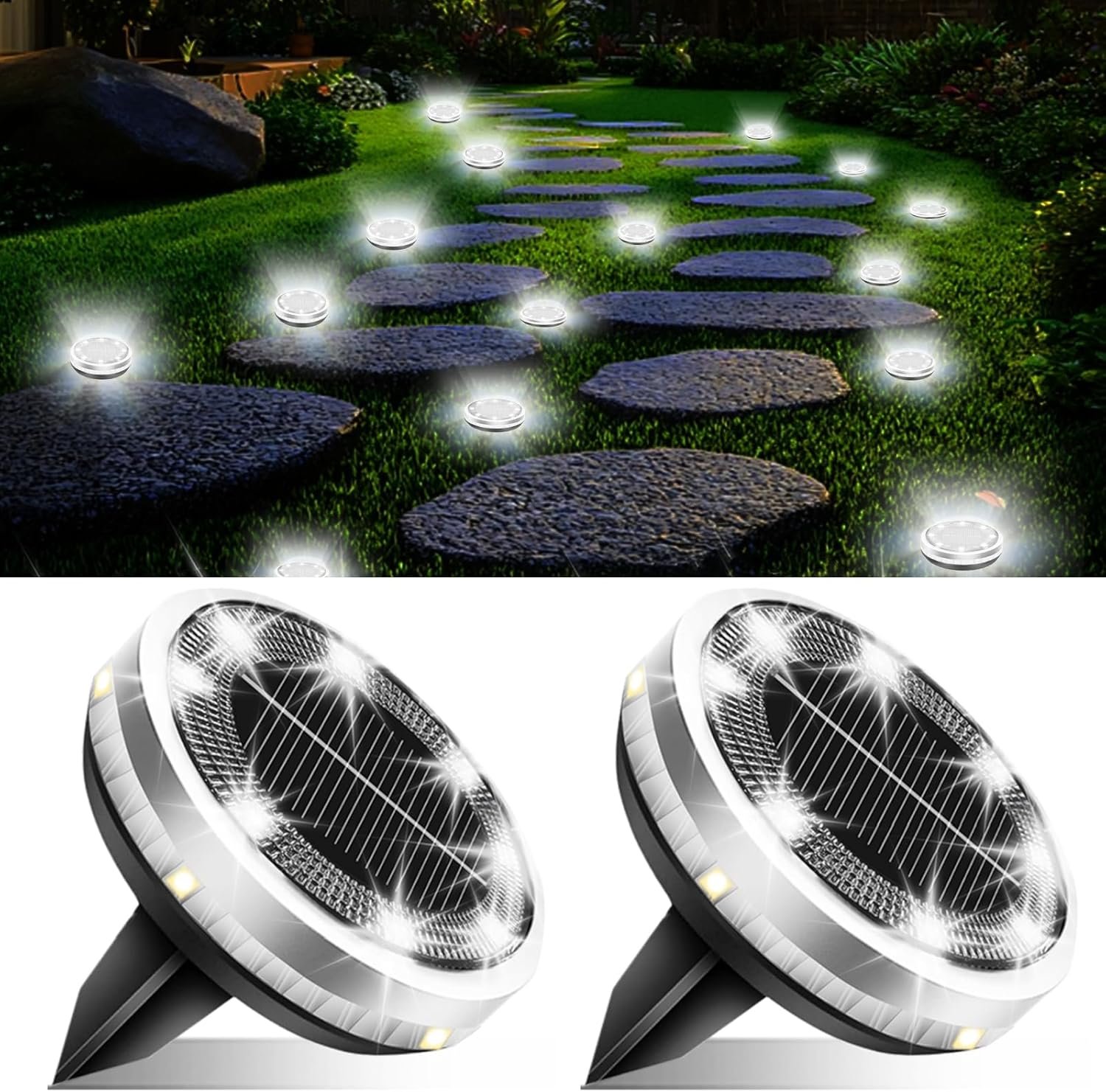 Solar Ground Lights Outdoor 2 Pack Waterproof, Upgraded Solar Garden Lights with 4 Side Light