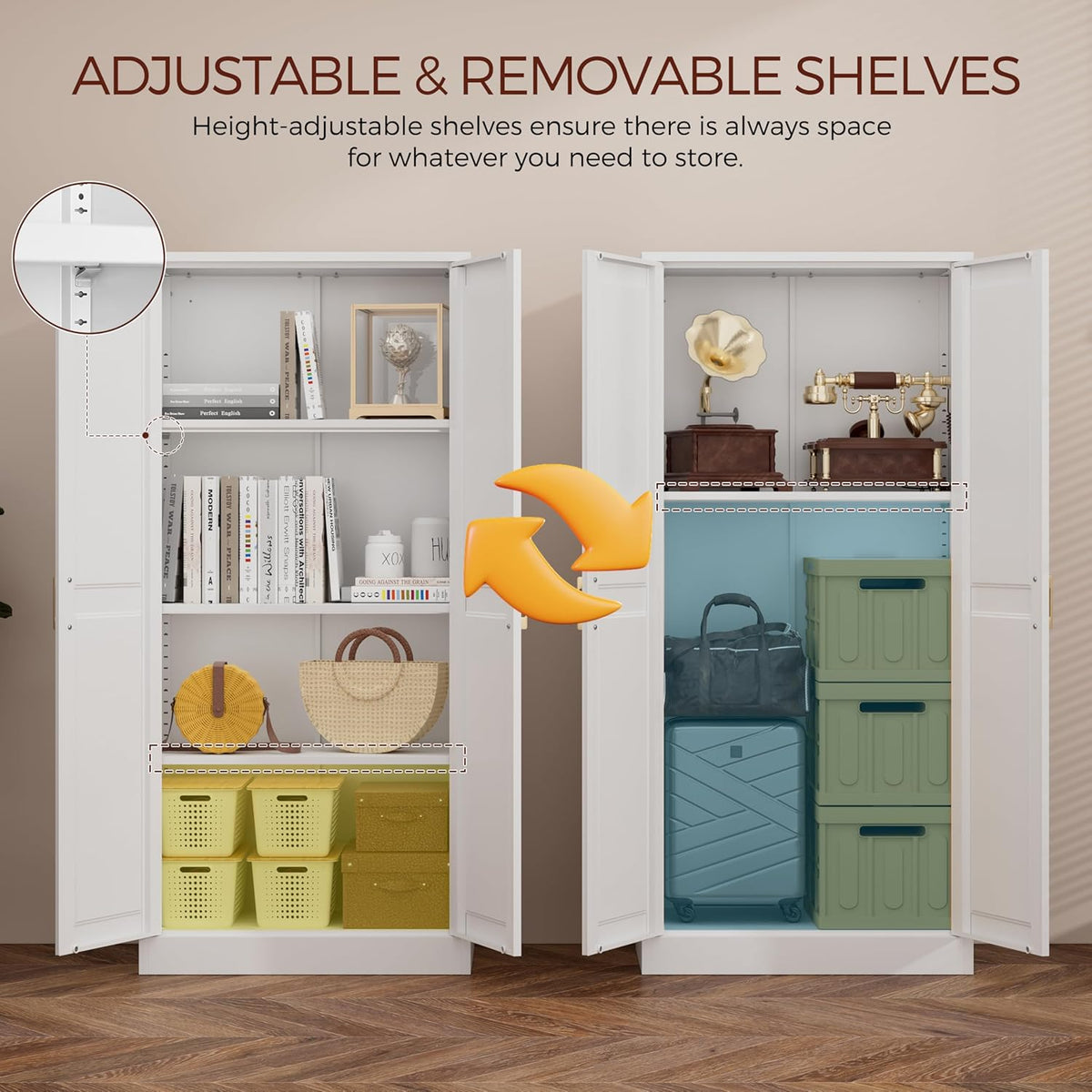 60" Tall Metal Pantry Cabinet, White Kitchen Pantry Storage Cabinet with 3 Adjustable Shelves and