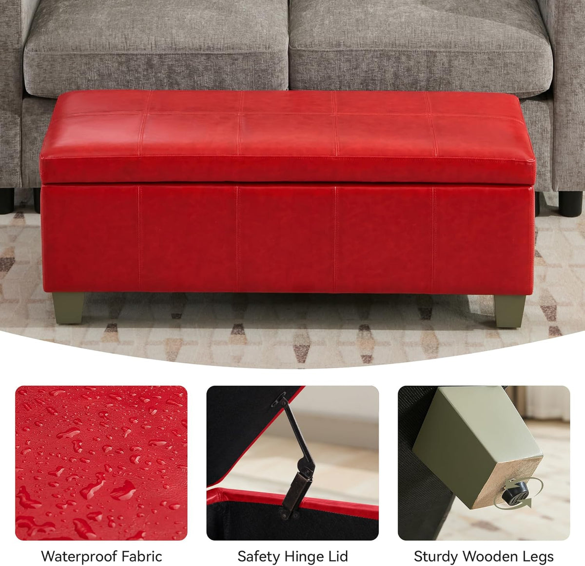 41" Faux Leather Storage Ottoman, Stitch Tufted Rectangle Upholstered End of Bed Storage Bench