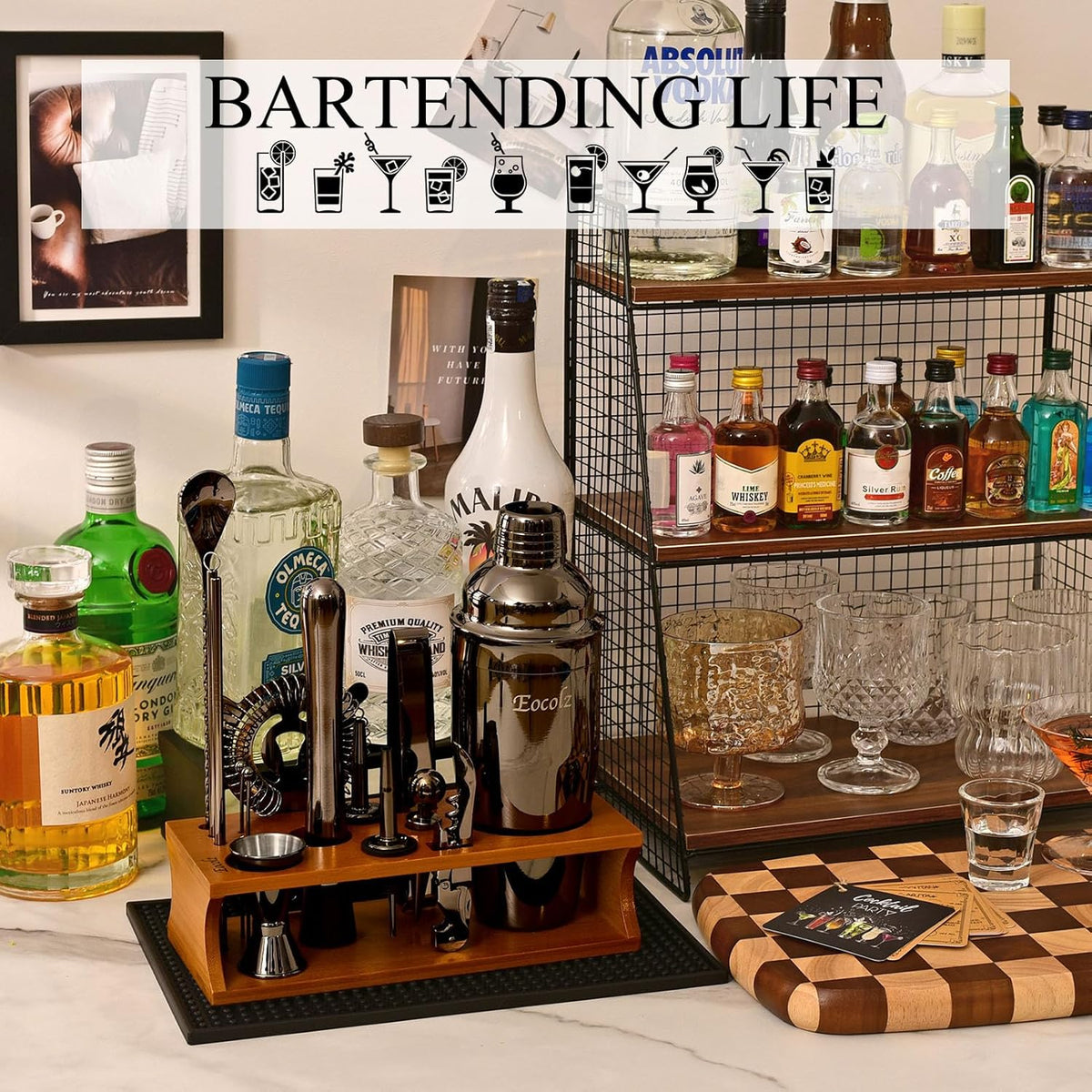Bartender Kit Cocktail Shaker Set with Stand Bar Tool Bar Set for Drink Mixing Home Bartending Kit