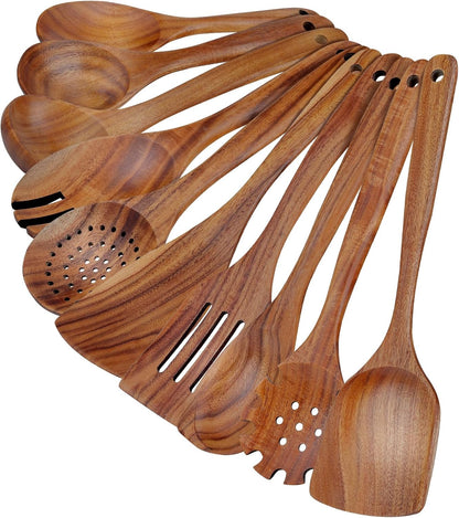 comfoyar Teak Wooden Spoons for Cooking, 10 Pieces Kitchen Cooking Utenails Set with Spatula and