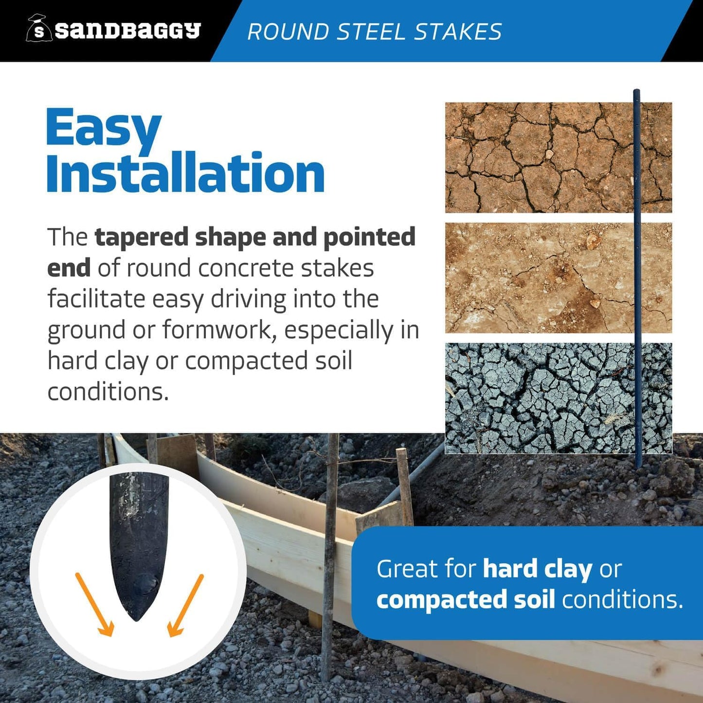 Sandbaggy Round Steel Concrete Form Stakes with Nail Holes - Rust Resistant Coating - Removable