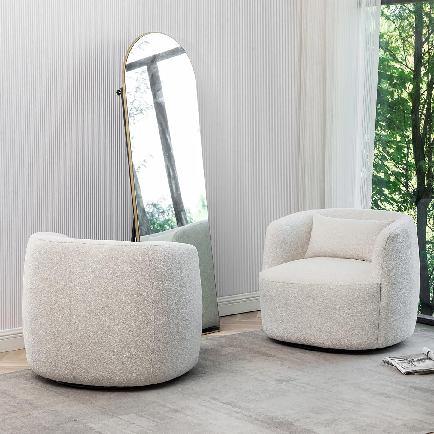 KINWELL 34" Wide Boucle Swivel Barrel Chairs Set of 2, No Assembly Round Upholstered Armchairs