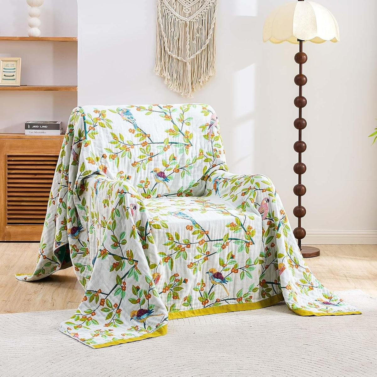Boho Throw Blanket for Bed, 100% Cotton Soft Rustic Quilt Fall Blanket, 90"x98" Floral Printed