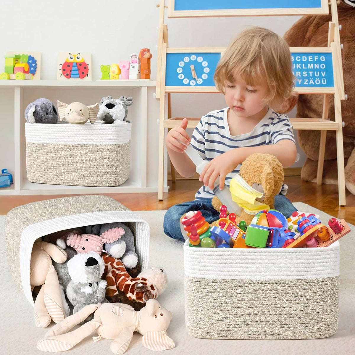 Shelf Baskets for Organizing, Woven Storage Basket for Shelves, Cotton Rope Storage Bins for Toys