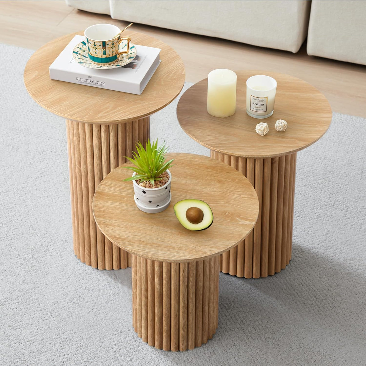 Round Nesting Coffee Table Set of 3,Mid Century Modern Fluted Coffee and End Table Set,Small Circle