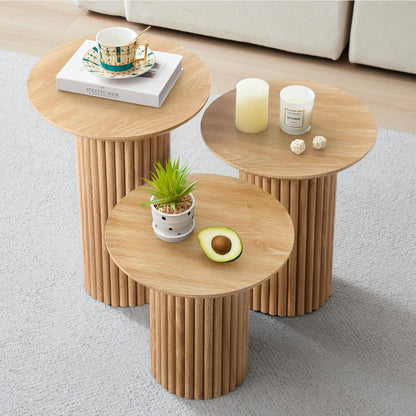 Round Nesting Coffee Table Set of 3,Mid Century Modern Fluted Coffee and End Table Set,Small Circle
