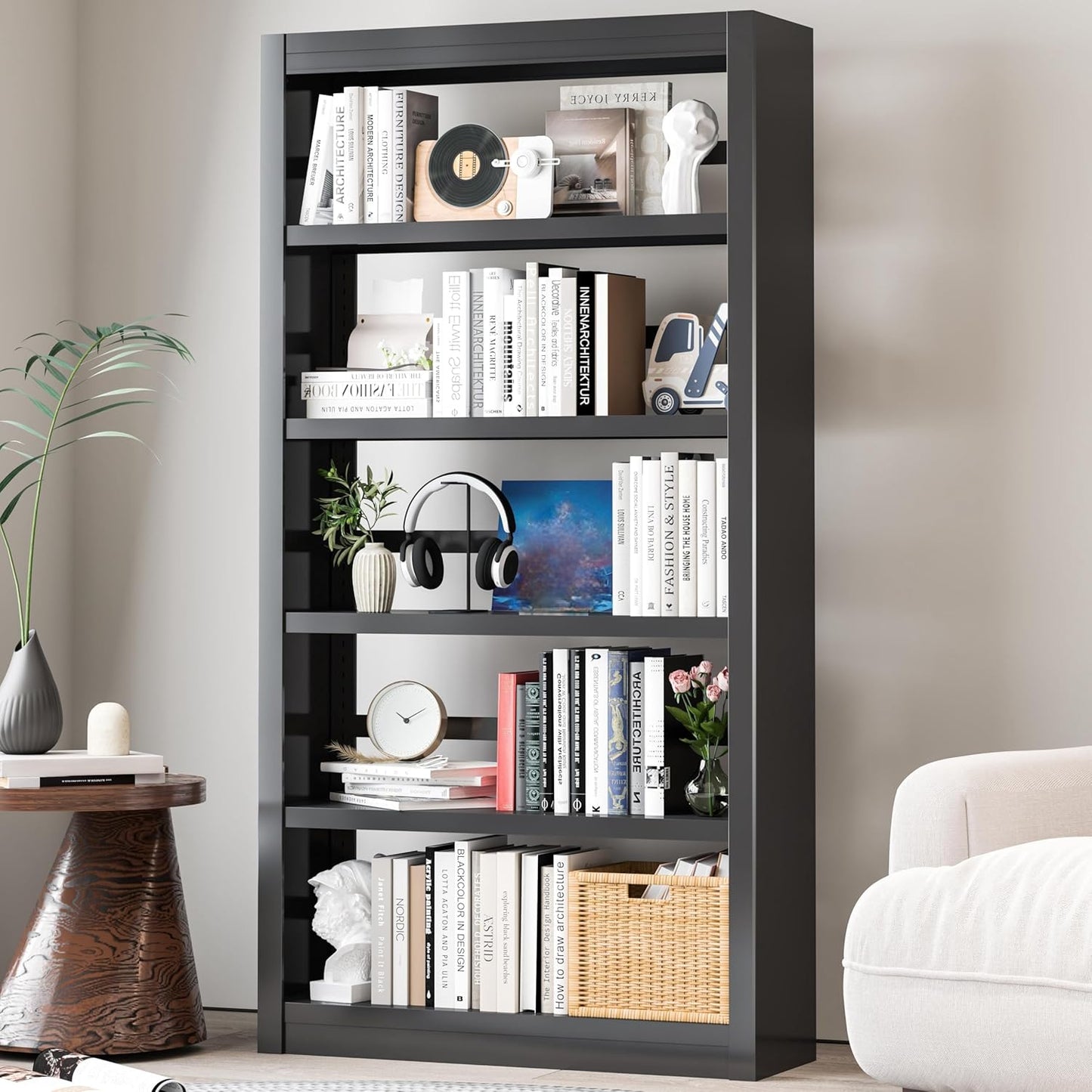 Metal Bookshelf Adjustable - 61" Tall Black Bookcase, 5 Tier Book Shelf, Tooless Assembly Book
