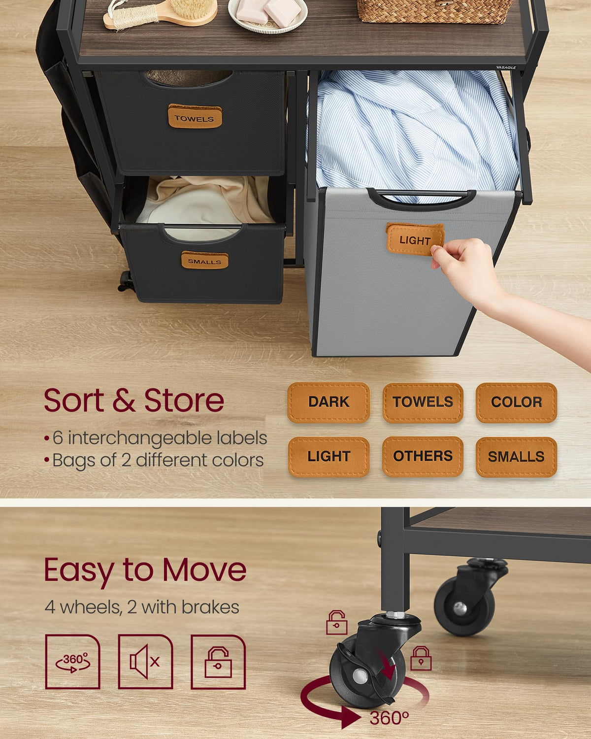 VASAGLE Laundry Hamper with 3 Compartments, 26.4 Gal. (100 L) Laundry Sorter, Rolling Laundry Cart
