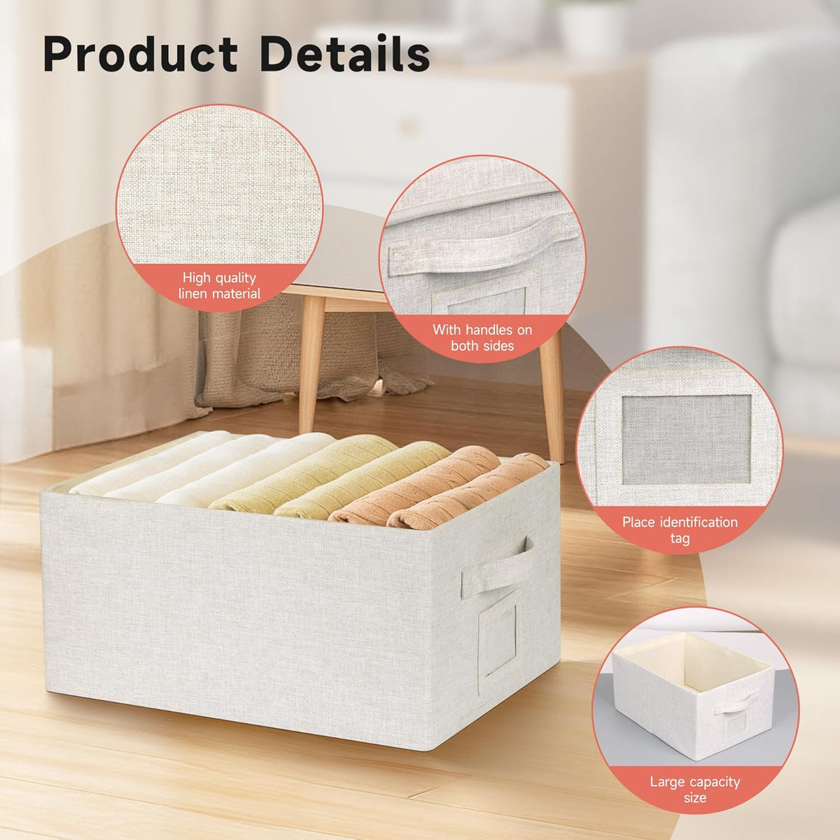 Large 17''x12'' Quart Collapsible Stackable Storage Bins with Lids, 6 Packs Off White Fabric Closet