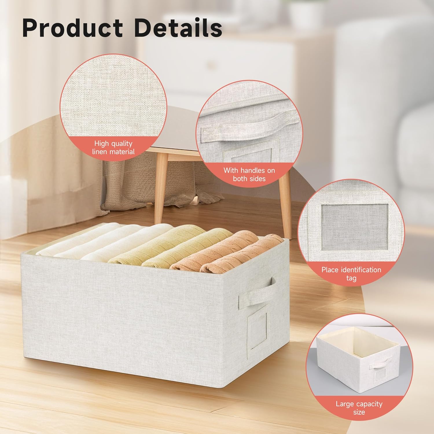 Large 17''x12'' Quart Collapsible Stackable Storage Bins with Lids, 4 Packs Off White Fabric Closet