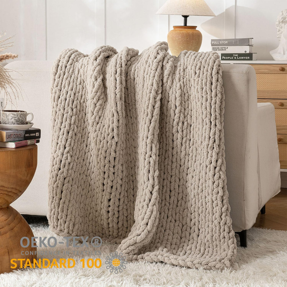Chunky Knit Blanket Throw, 100% Hand Knit Throw Blanket Handmade Chenille Cable Knit Throw for