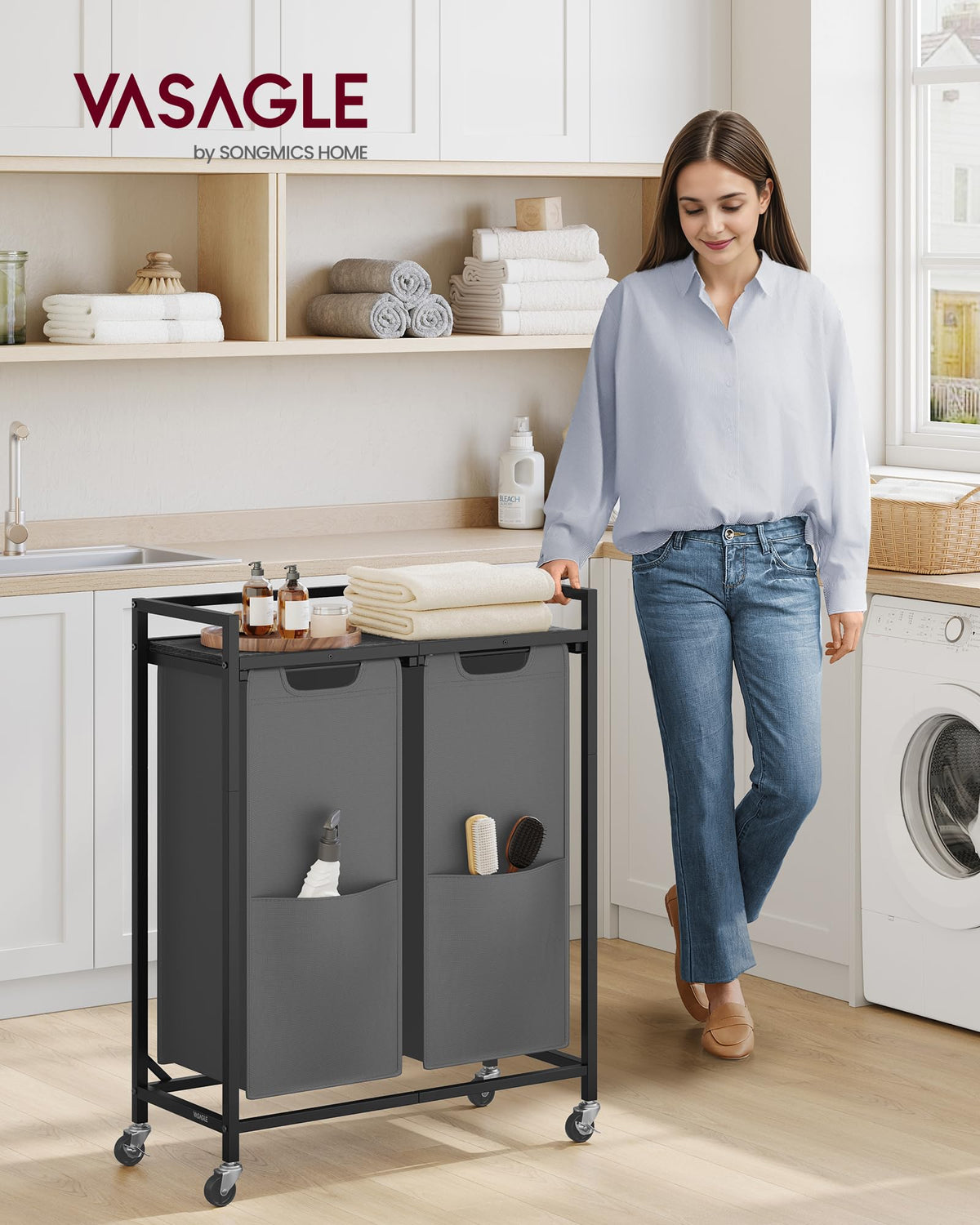 VASAGLE Laundry Sorter, 29 Gal. (110 L) Laundry Hamper Basket with 2 Compartments, Rolling Cart