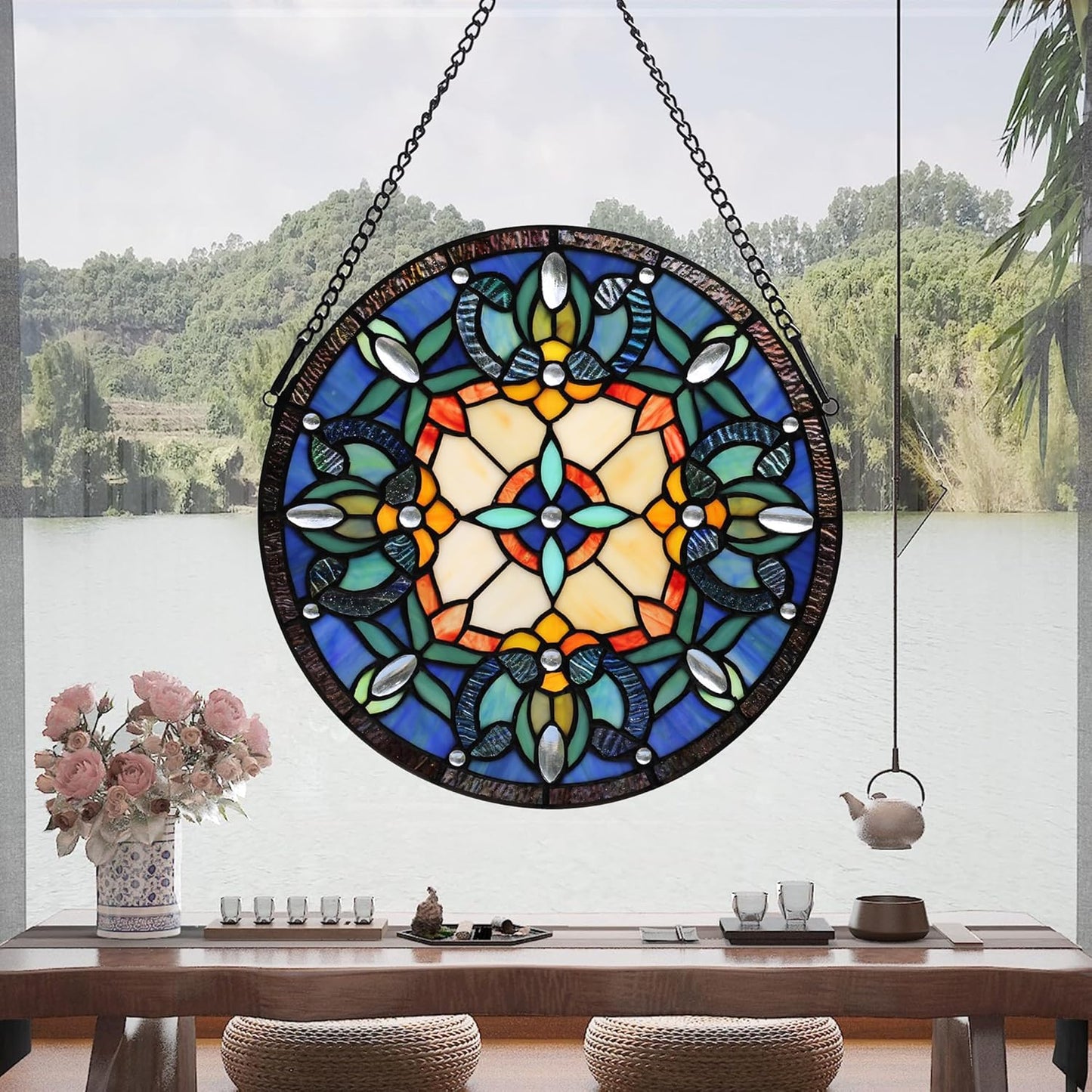 Handcrafted Stained Glass Window Panel - 12-Inch Round Floral Design with Vibrant Colors, Elegant