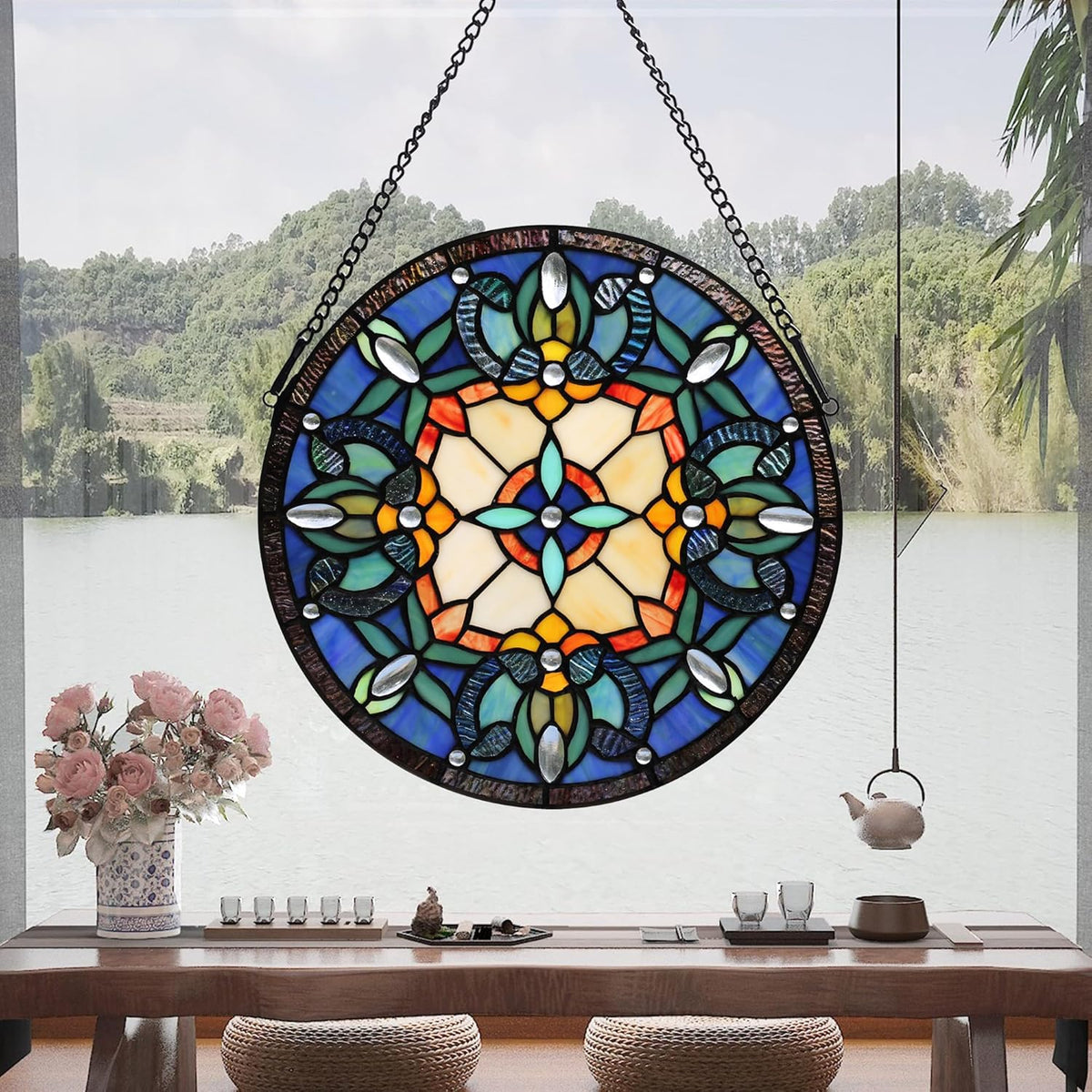 Handcrafted Stained Glass Window Panel - 12-Inch Round Floral Design with Vibrant Colors, Elegant