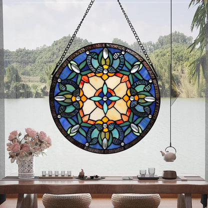 Handcrafted Stained Glass Window Panel - 12-Inch Round Floral Design with Vibrant Colors, Elegant
