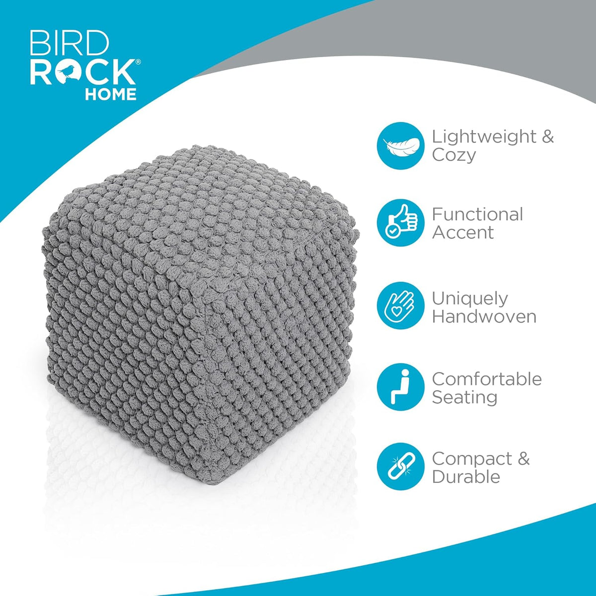 BIRDROCK HOME Buds Pouf Foot Stool Ottoman - Knit Bean Bag Floor Chair - Cotton Braided Cord