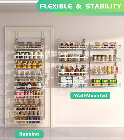 Over The Door Pantry Organizer, Wall Mount Spice Rack, Pantry Hanging Storage and Organization, 8