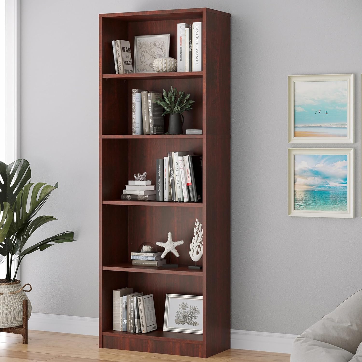 Bookshelf, Open Modern Bookshelf, 5 Shelf Bookcase with Freestanding Display Storage, Wooden Book