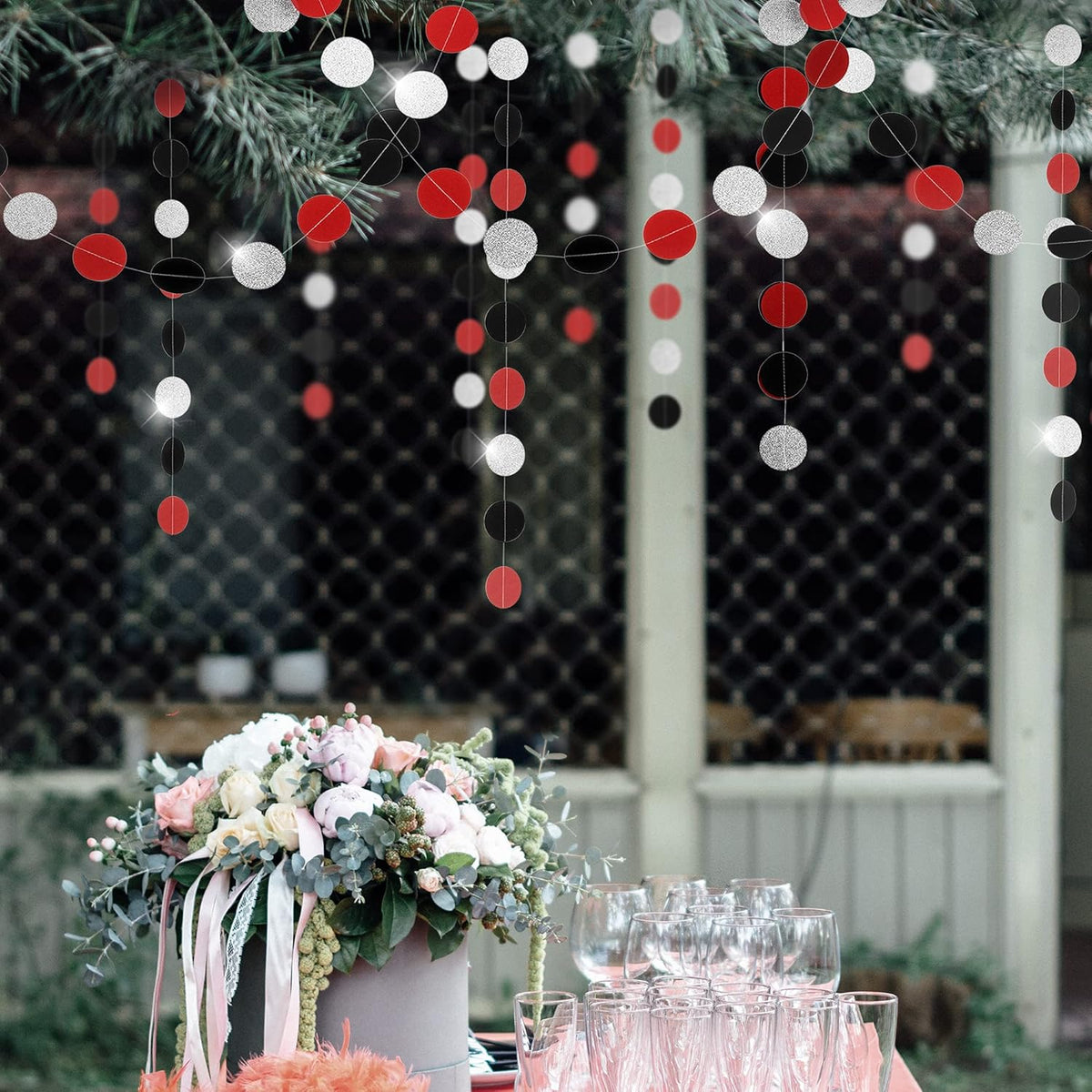 WEVEN Red Black Silver Glitter Paper Garland Circle Dot Streamer Party Banner Backdrop Hanging