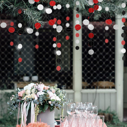 WEVEN Red Black Silver Glitter Paper Garland Circle Dot Streamer Party Banner Backdrop Hanging