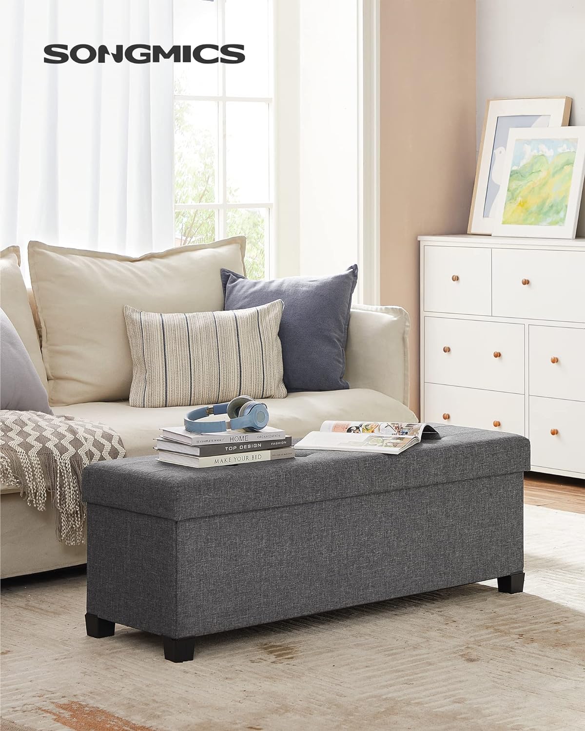 SONGMICS Storage Ottoman Bench, Foldable Foot Rest with Legs, 15 x 43 x 15.7 Inches, End of Bed