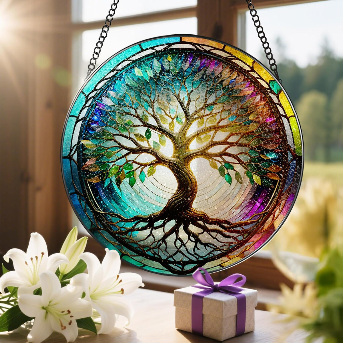 Stained Glass Window Hanging, LAOWEIKI 8'' Tree of Life Suncatcher, Stained Glass Ornament