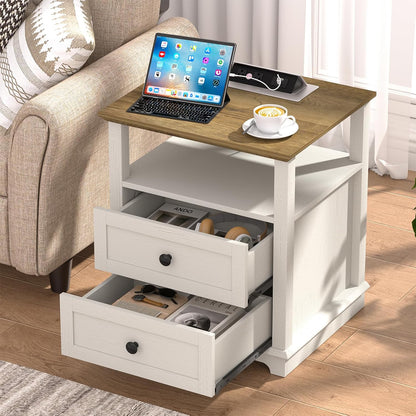 HIFYOBRO End Table with Flip Top Charging Station and 2 Drawers, Type-C & USB Port & Power outlets