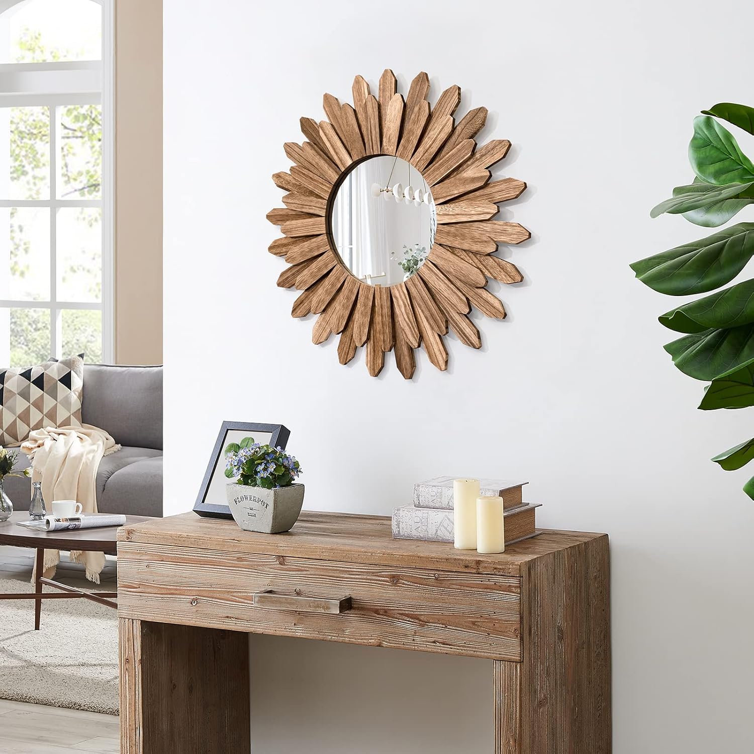 Honiway Mirror Wall Decor 21 inch Rustic Wood Boho Aesthetic Mirror for Room & Home Decor Farmhouse