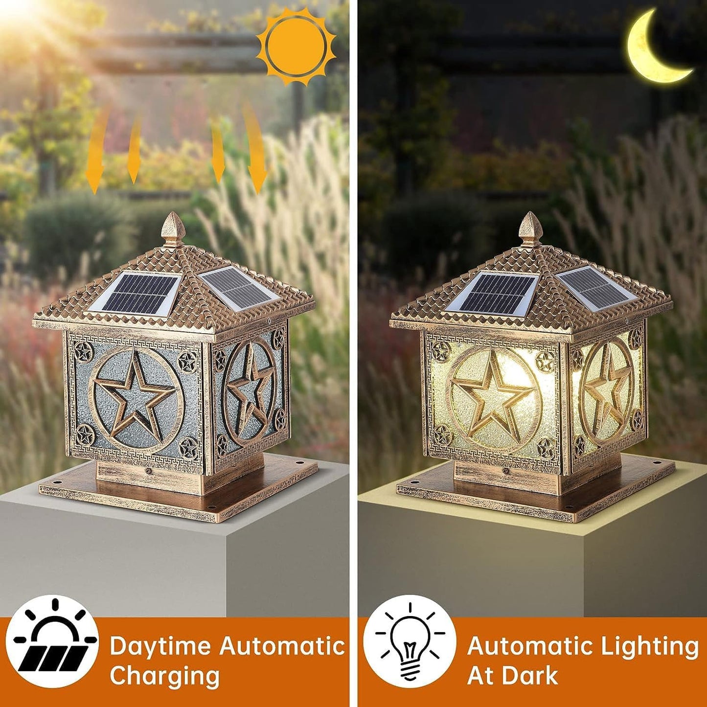SLAWA Outdoor Solar Post Cap Light 9.8In Bronze Column Lights Square Waterproof Landscape Lighting