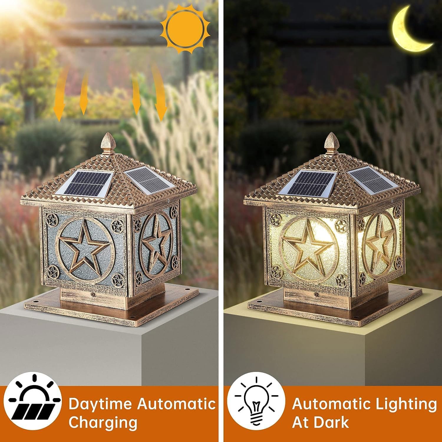 SLAWA Outdoor Solar Post Cap Light 9.8In Bronze Column Lights Square Waterproof Landscape Lighting