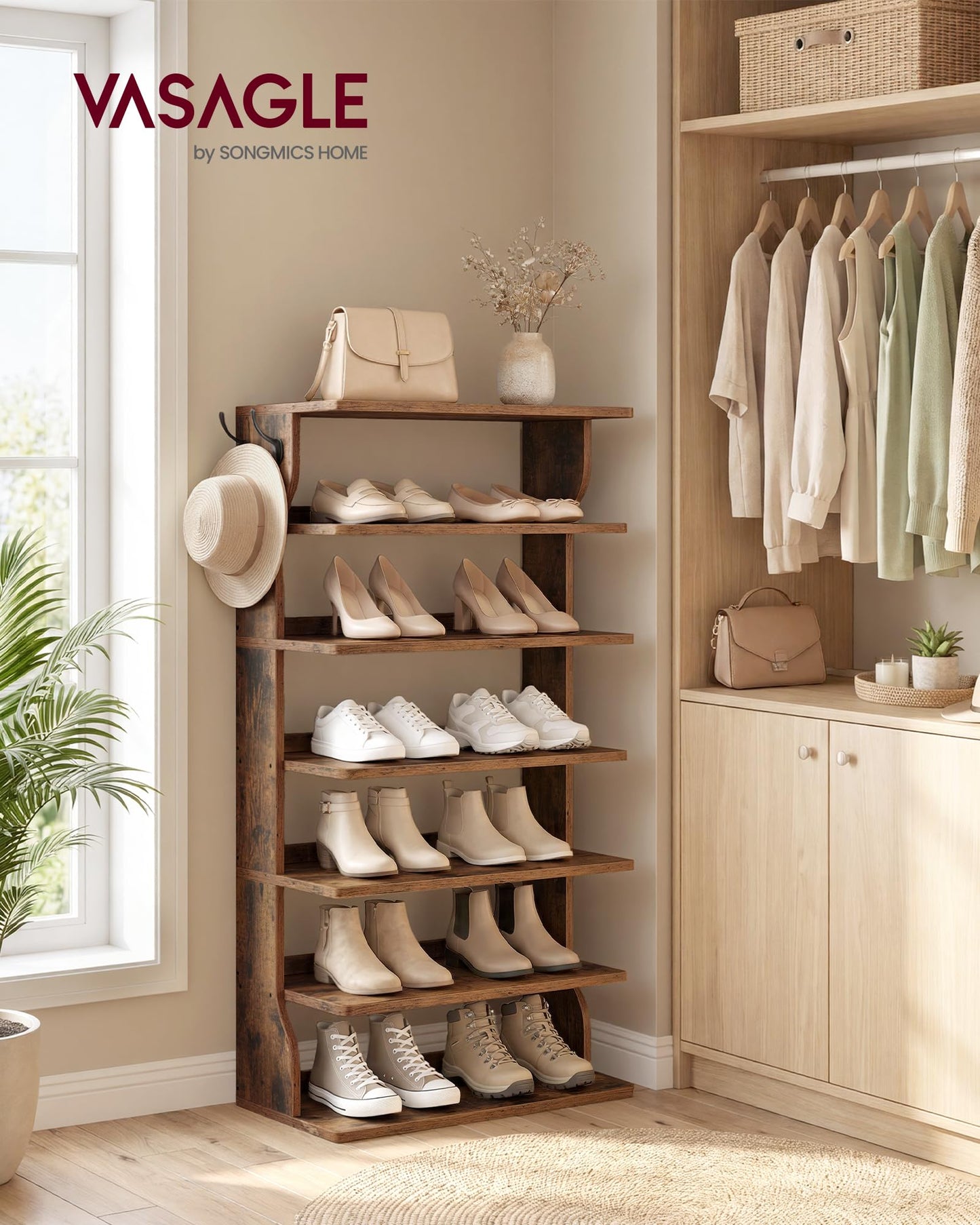 VASAGLE 7-Tier Vertical Shoe Rack, Narrow Shoe Storage Organizer with Hooks