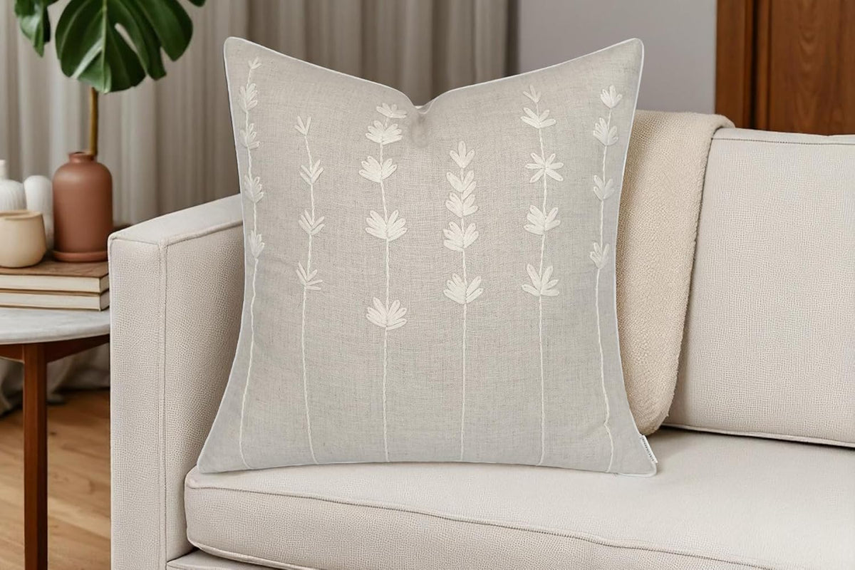 VAGMINE Hand Embroidered Daisy Accent Throw Pillow Cover - 20x20 Inches Square - 100% Linen Natural