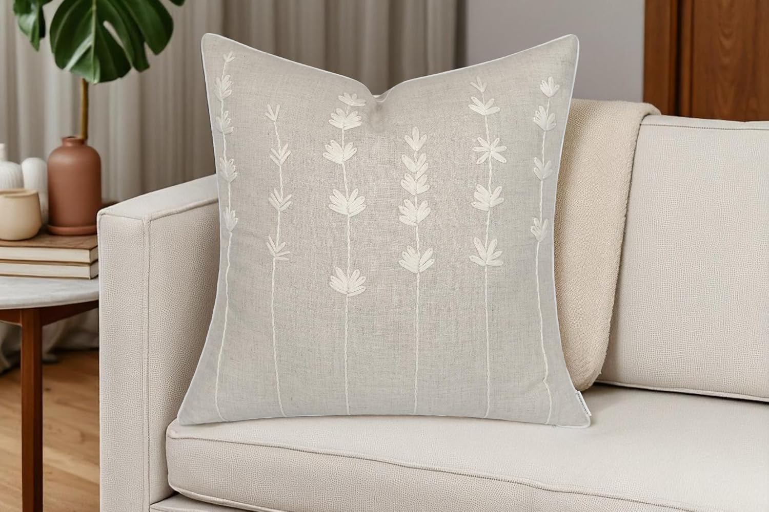 VAGMINE Hand Embroidered Daisy Accent Throw Pillow Cover - 18x18 Inches Square - 100% Linen Natural