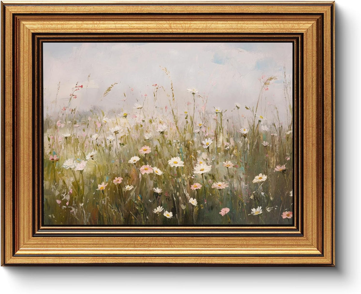HUARCEY Gold Framed Vintage Wall Art for Living Room Wildflower Field Landscape Decor Aesthetic