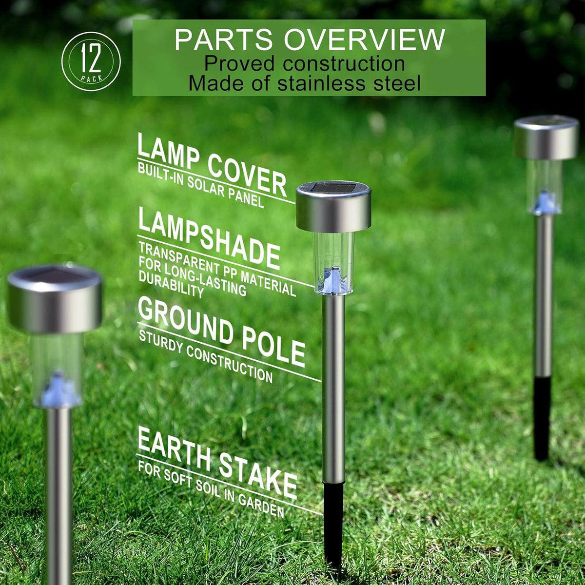 Solar Lights Outdoor Waterproof, Stainless Steel LED Landscape Lighting, Solar Garden Lights Solar