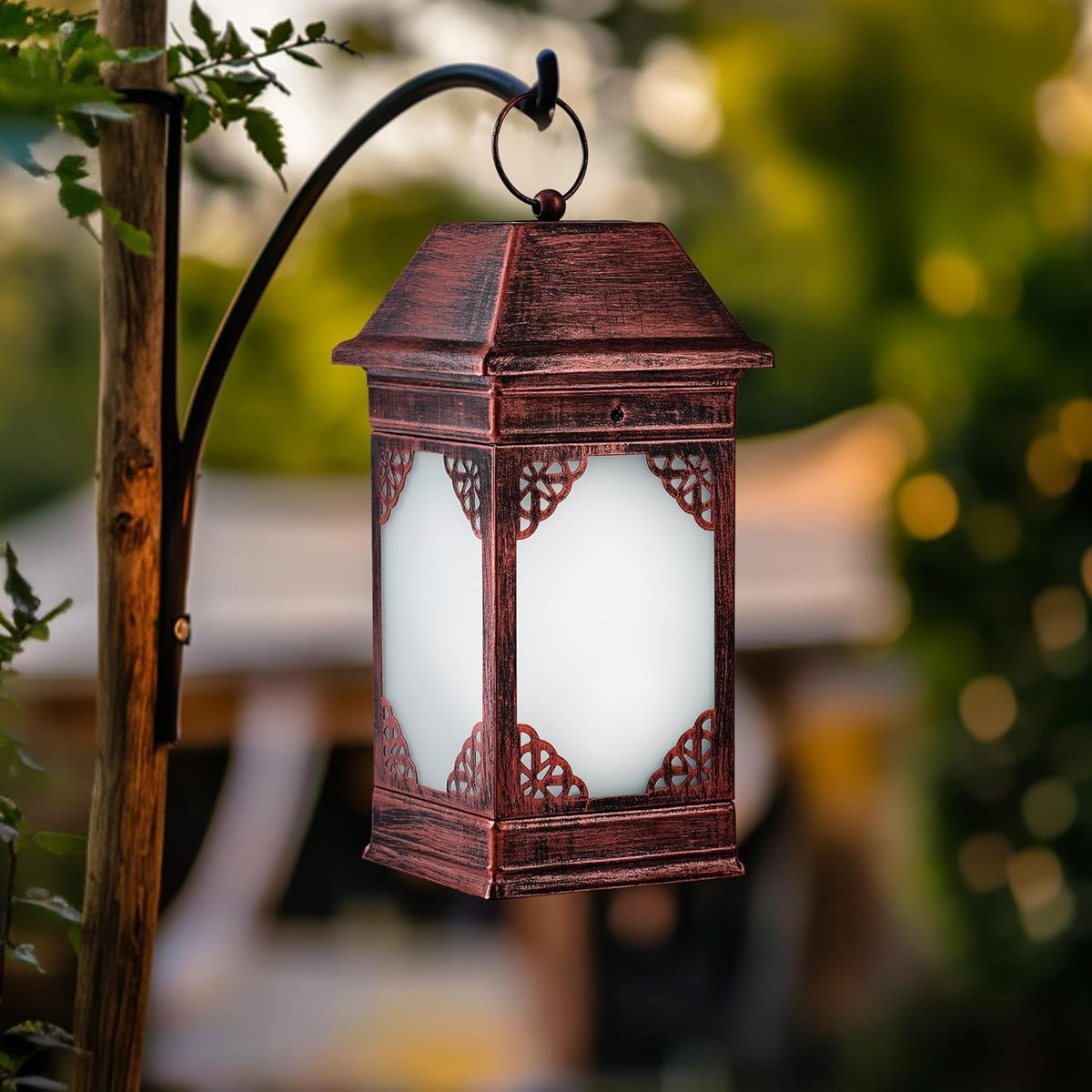 14" Solar Lanterns Outdoor Waterproof, Glass Flickering Flame Solar Lantern, Hanging Metal Lantern