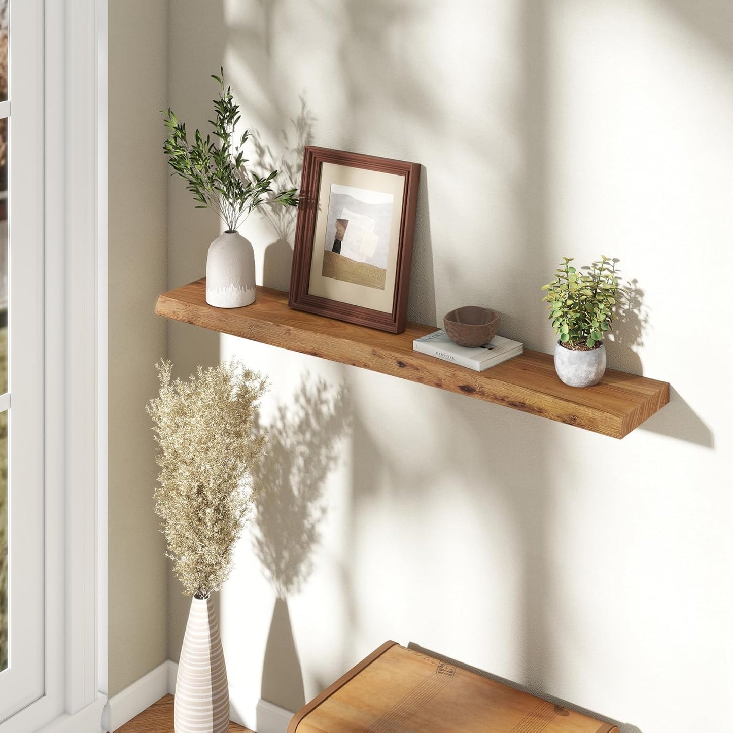 Fun Memories 48" Floating Shelves for Wall, Live Edge Solid Elm Wood Floating Shelf with Invisible