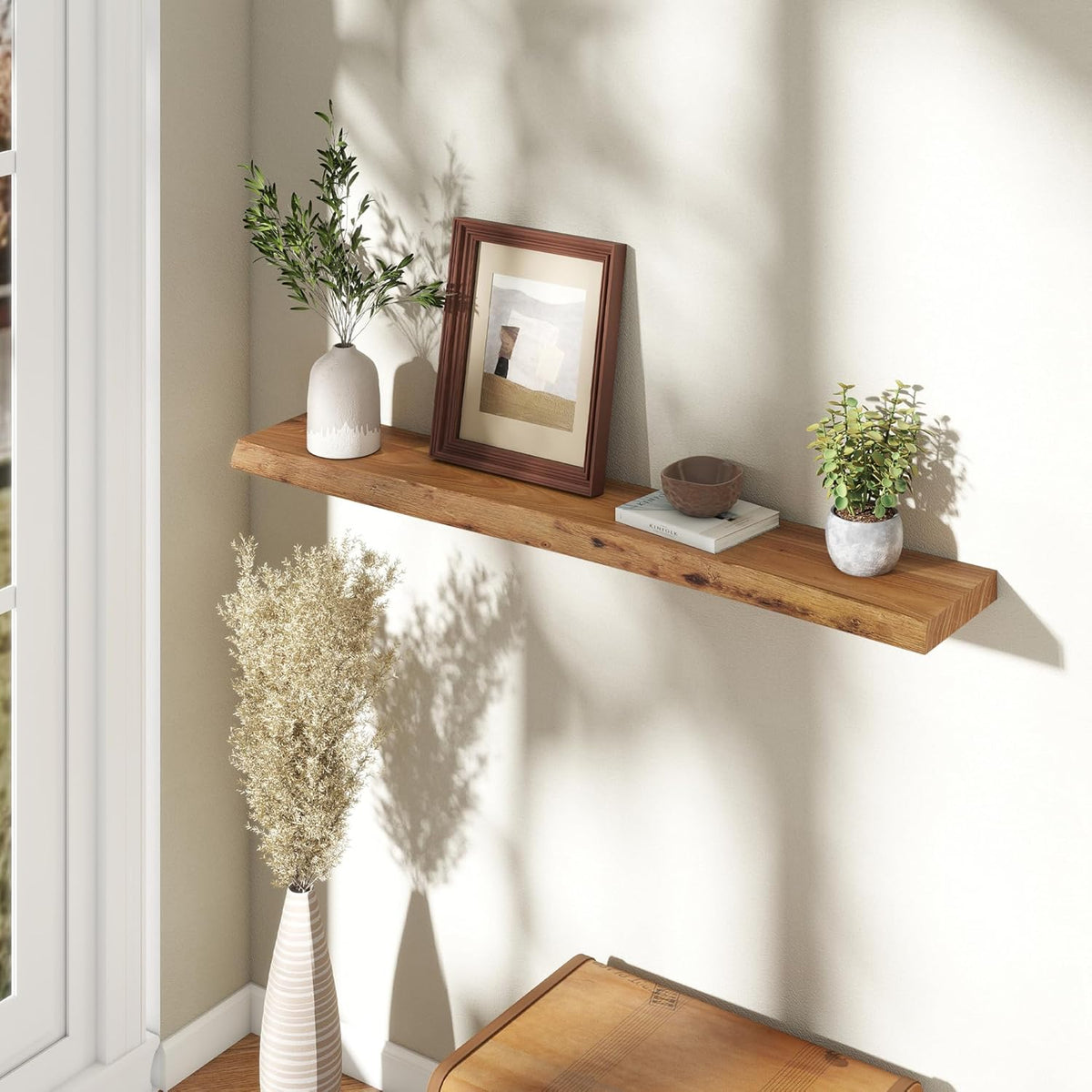 Fun Memories 48" Floating Shelves for Wall, Live Edge Solid Elm Wood Floating Shelf with Invisible
