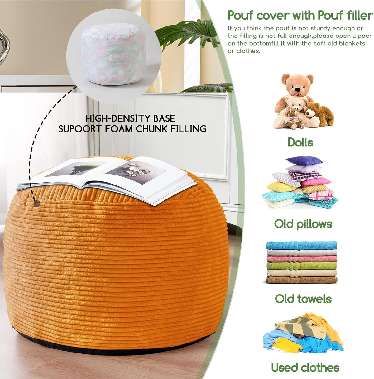 HIGOGOGO Round Stuffed Pouf Ottoman, Corduroy Poufs with Foam Chunk Filling, Furry and Fluffy Pouf