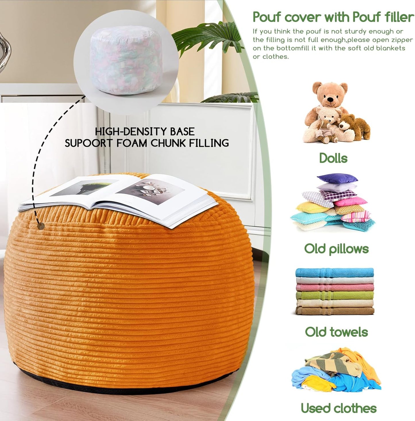 HIGOGOGO Round Stuffed Pouf Ottoman, Corduroy Poufs with Foam Chunk Filling, Furry and Fluffy Pouf