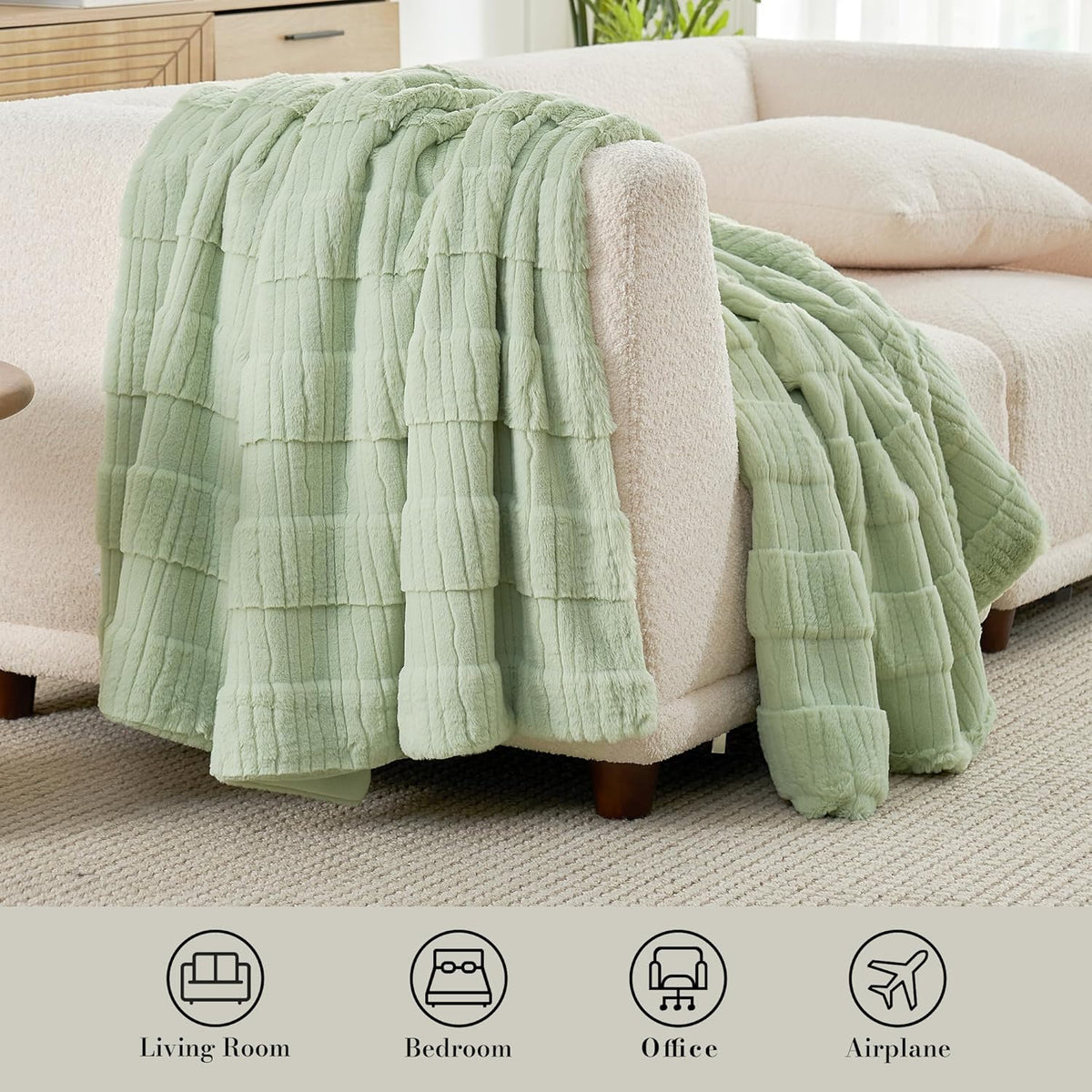 Amélie Home Luxury Striped Faux Fur Throw Blanket for Couch, Embossed Split Fur Cozy Fuzzy Fluffy