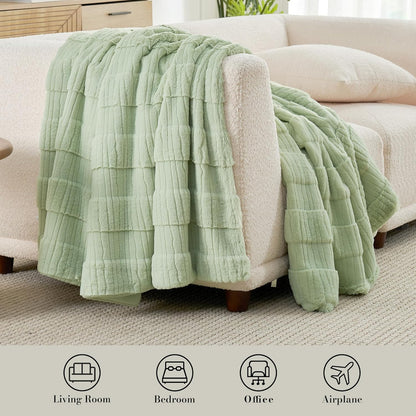 Amélie Home Luxury Striped Faux Fur Throw Blanket for Couch, Embossed Split Fur Cozy Fuzzy Fluffy