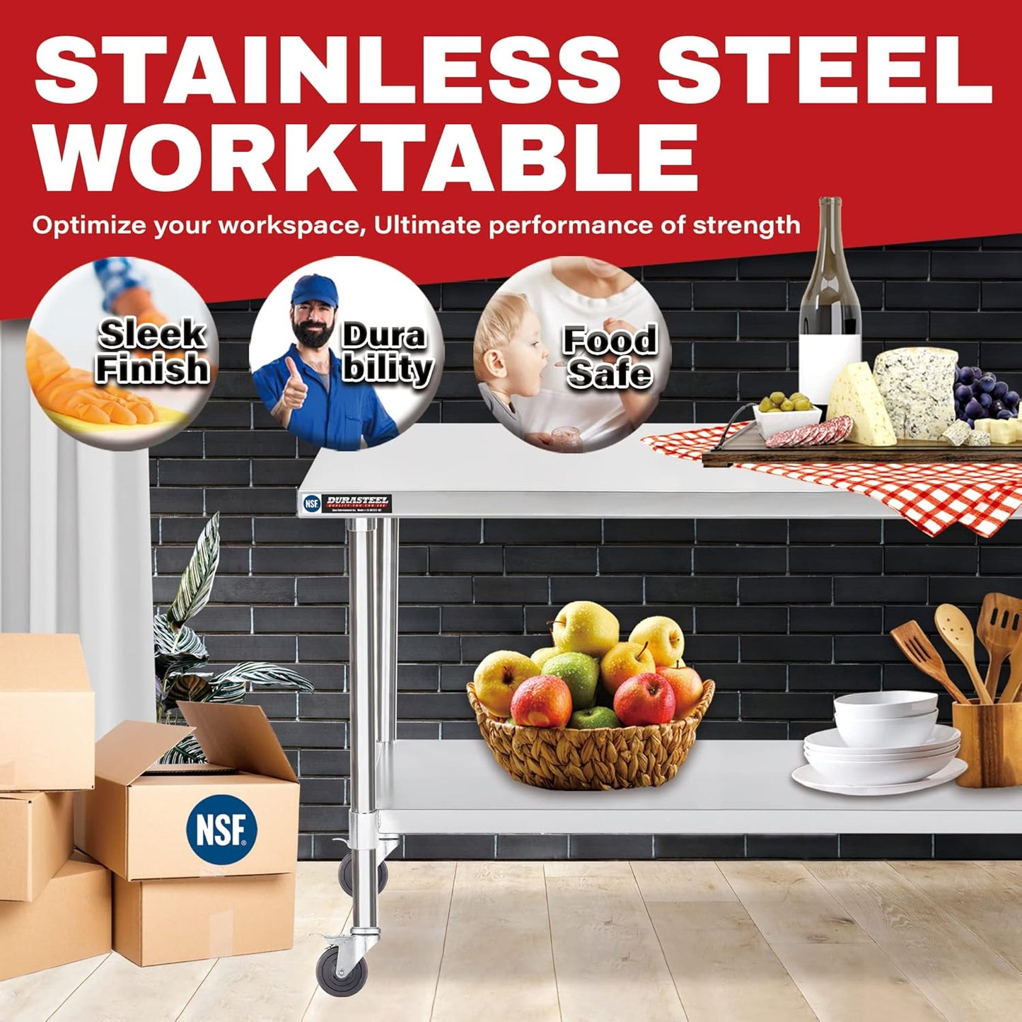 DuraSteel 24x48 NSF Stainless Steel Cart - Heavy Duty Food Prep Table with Undershelf - Rolling