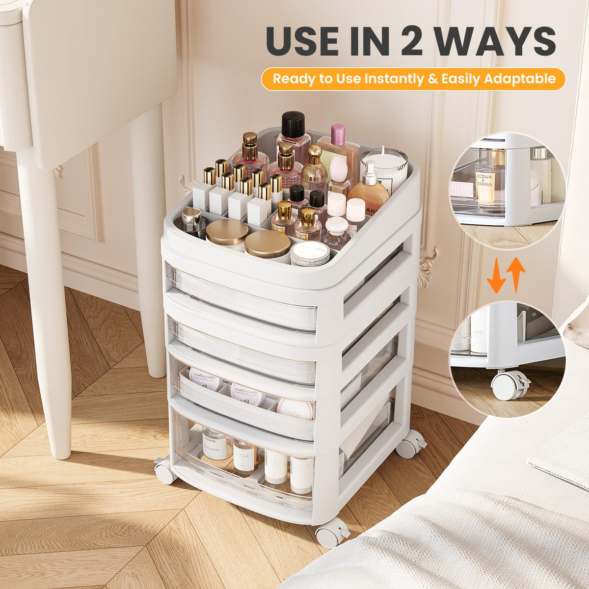 Rolling Cart with 4 Drawers, Clear Plastic Drawer Organizers, Vanity Cart