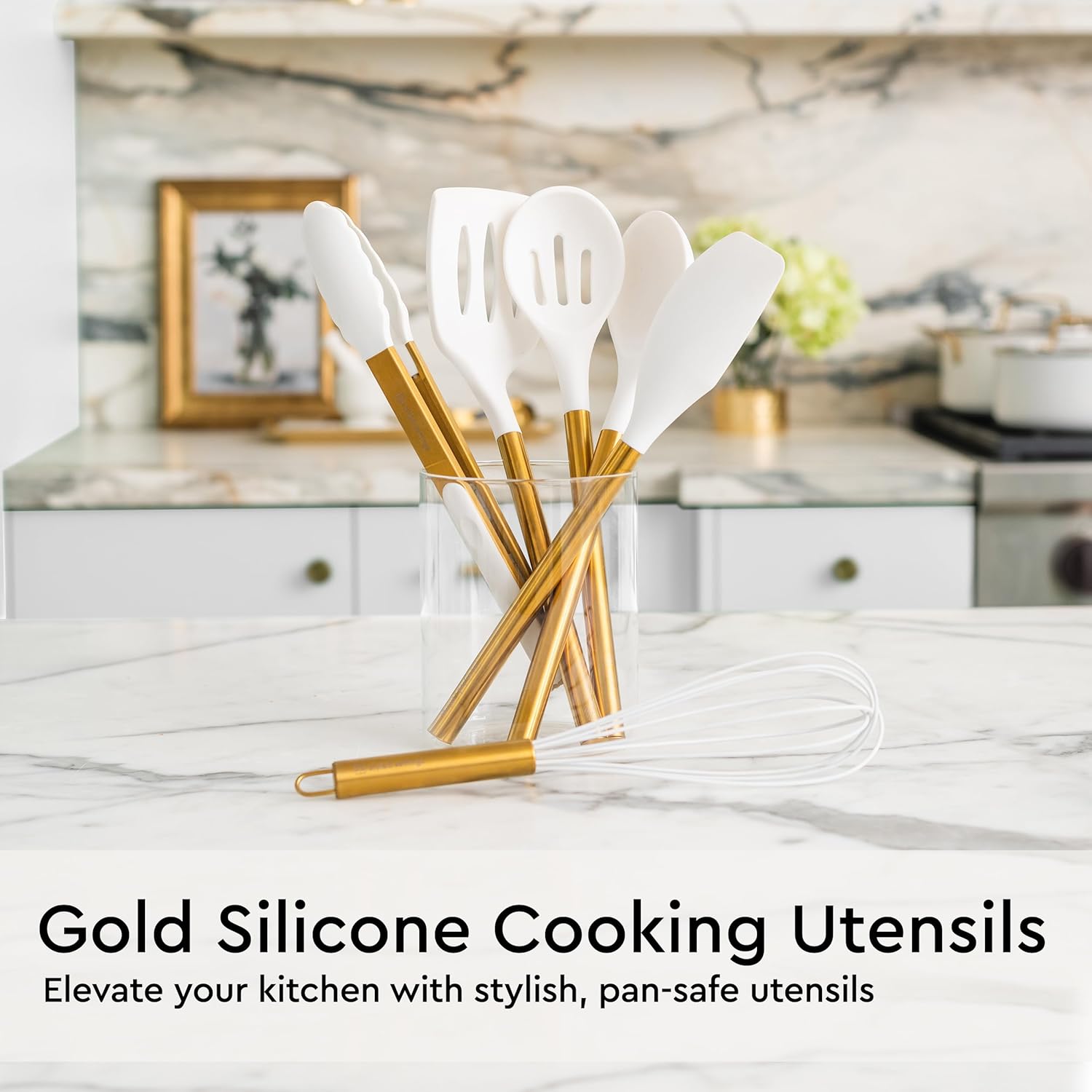 Gold Kitchen Utensils Set - 19-Piece Set Includes Stainless Steel Gold Utensils, White Silicone