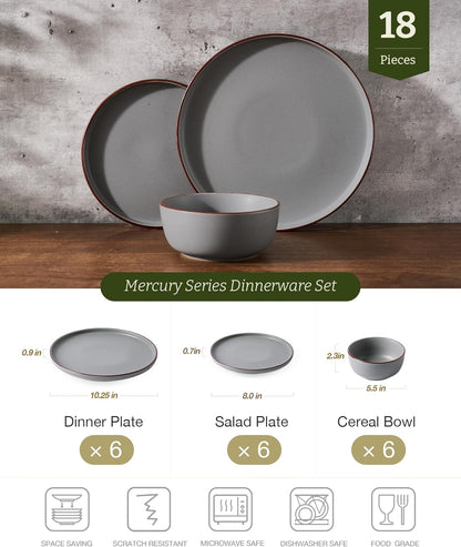Famiware Mercury Plates and Bowls Sets, 18 Pieces Stoneware Dinnerware Sets, Dishes Set for 6