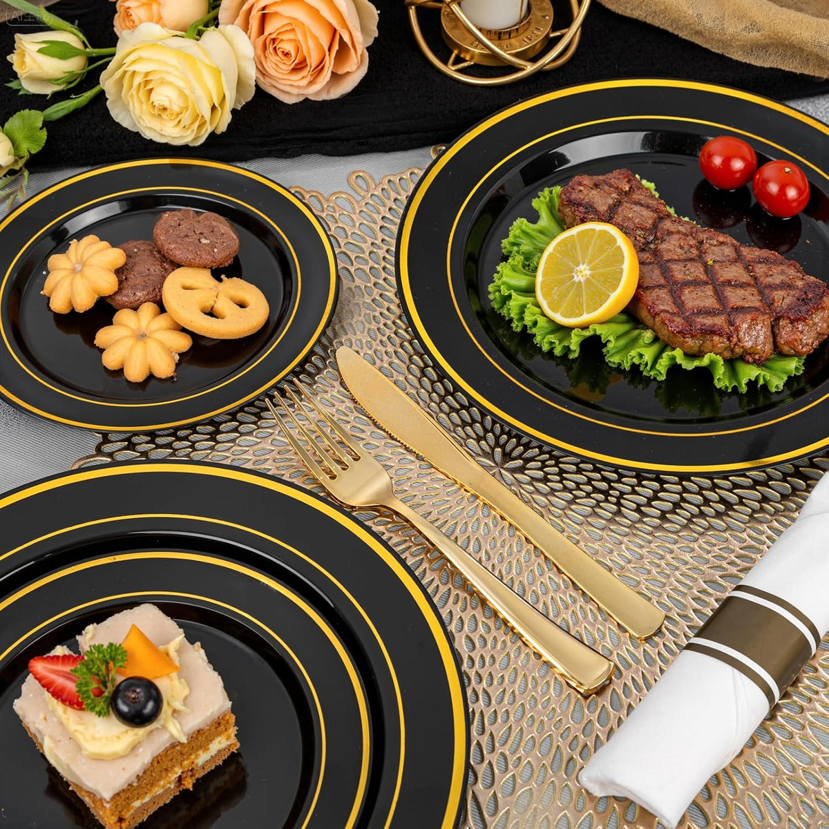 175PCS Black and Gold Plates - Black Disposable Plates for Party - 25Guests Disposable Dinnerware